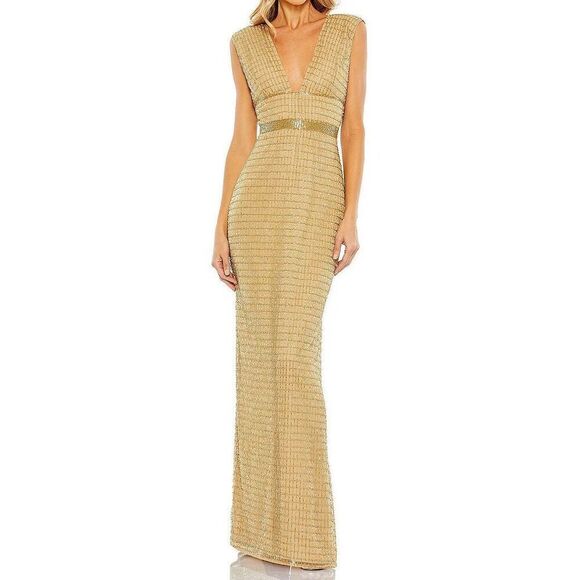 NWT MAC DUGGAL Gold Beaded Cap Sleeve V Neck Column Gown Size 4 style 5625 - Picture 1 of 14